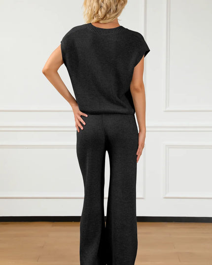 Pocketed V-Neck Top and Wide Leg Sweater Set