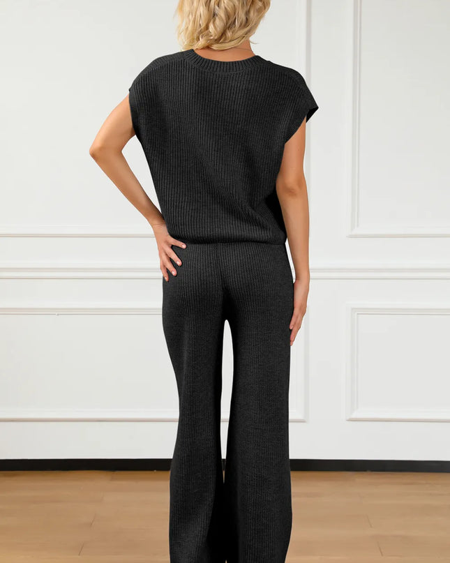 Pocketed V-Neck Top and Wide Leg Sweater Set