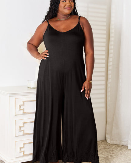 Double Take Full Size Soft Rayon Spaghetti Strap Tied Wide Leg Jumpsuit Black