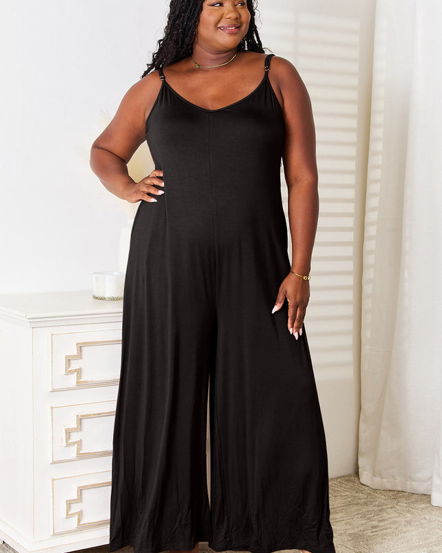 Double Take Full Size Soft Rayon Spaghetti Strap Tied Wide Leg Jumpsuit Black
