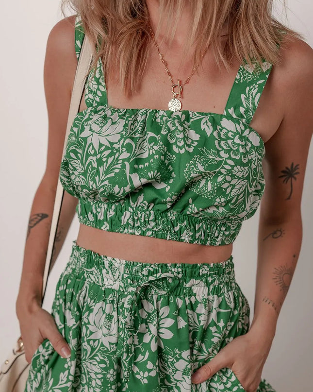Floral Print Shirred Crop Top and Midi Skirt Set