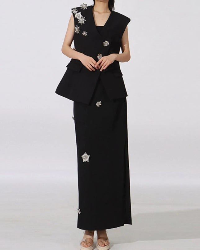 Flower Sleeveless Vest and Skirt Set Black