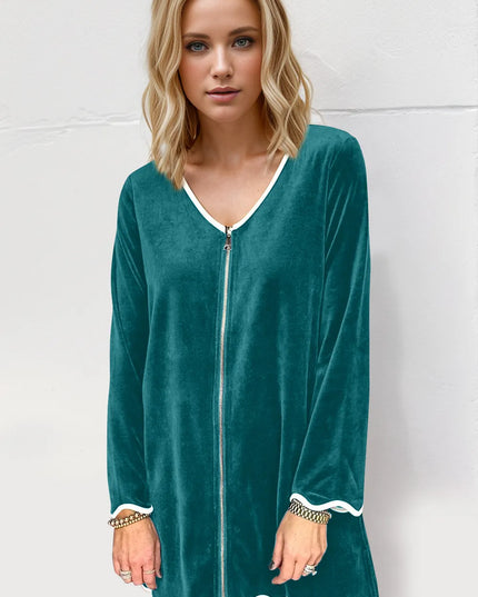 Double Take Wave Contrast Trim V-Neck Zip Up Long Sleeve Mini Dress Teal