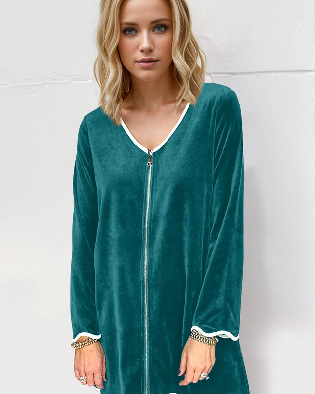 Double Take Wave Contrast Trim V-Neck Zip Up Long Sleeve Mini Dress Teal