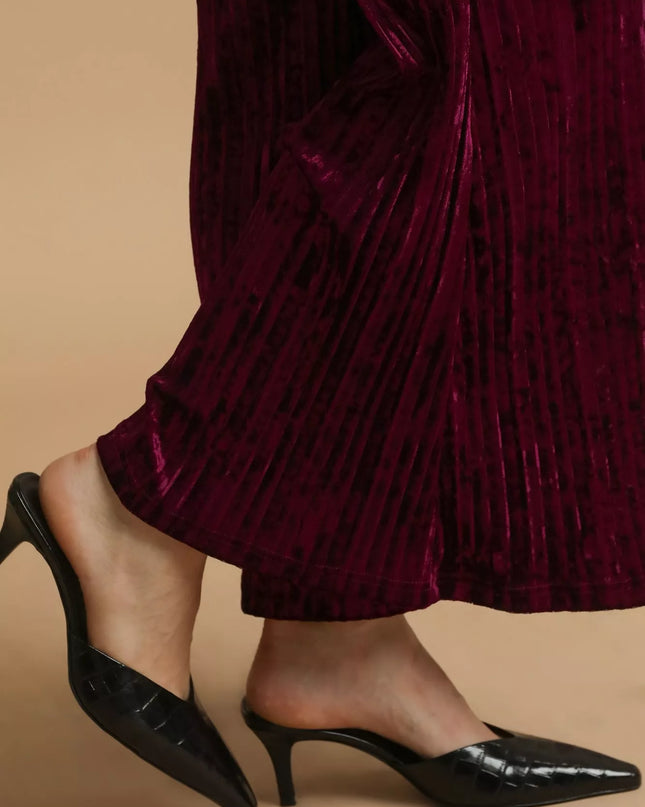 Umgee Velvet Pleated Wide Leg Pants