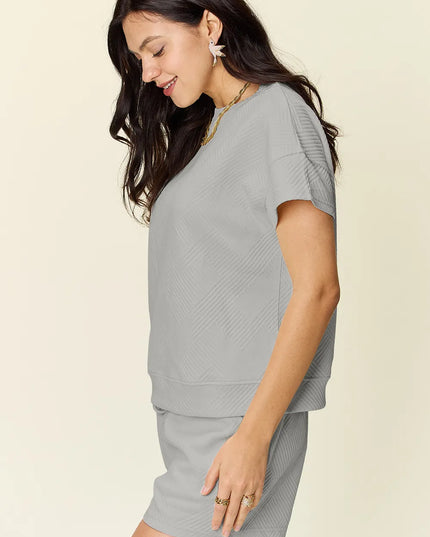 Double Take Full Size Texture Short Sleeve T-Shirt and Drawstring Shorts Set 