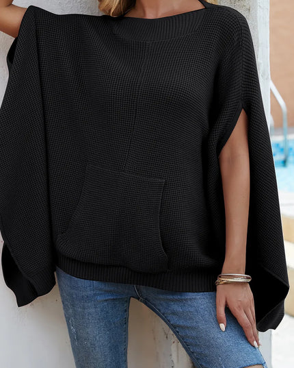 Waffle-Knit Pocketed Cape Sleeve Sweater