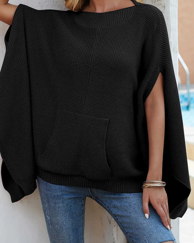 Waffle-Knit Pocketed Cape Sleeve Sweater
