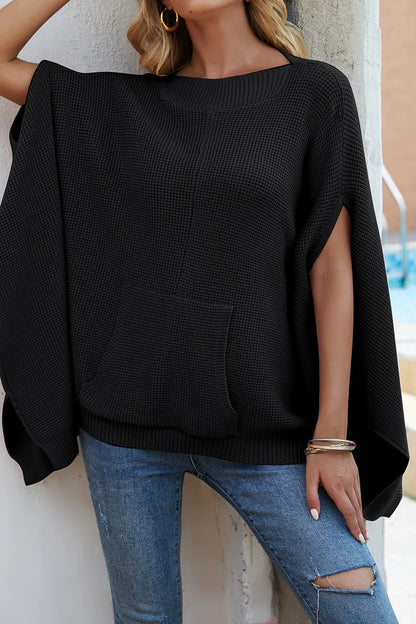Waffle-Knit Pocketed Cape Sleeve Sweater