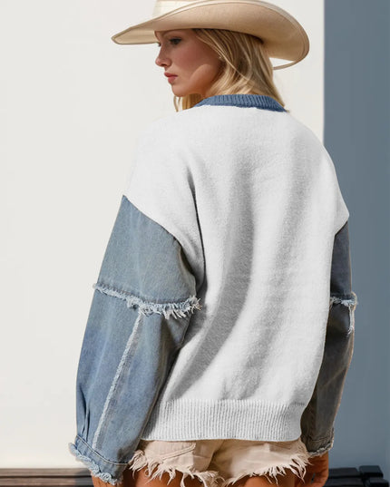 Double Take Full Size Star Pattern Raw Edge Long Sleeve Sweater