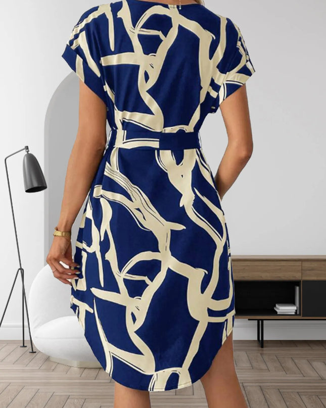 Abstract Print Belted Short Sleeve Midi Dress