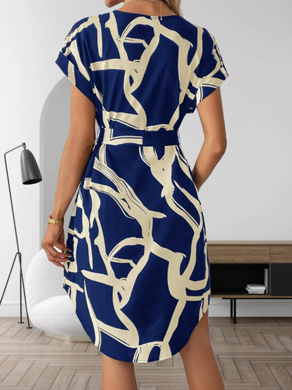 Abstract Print Belted Short Sleeve Midi Dress