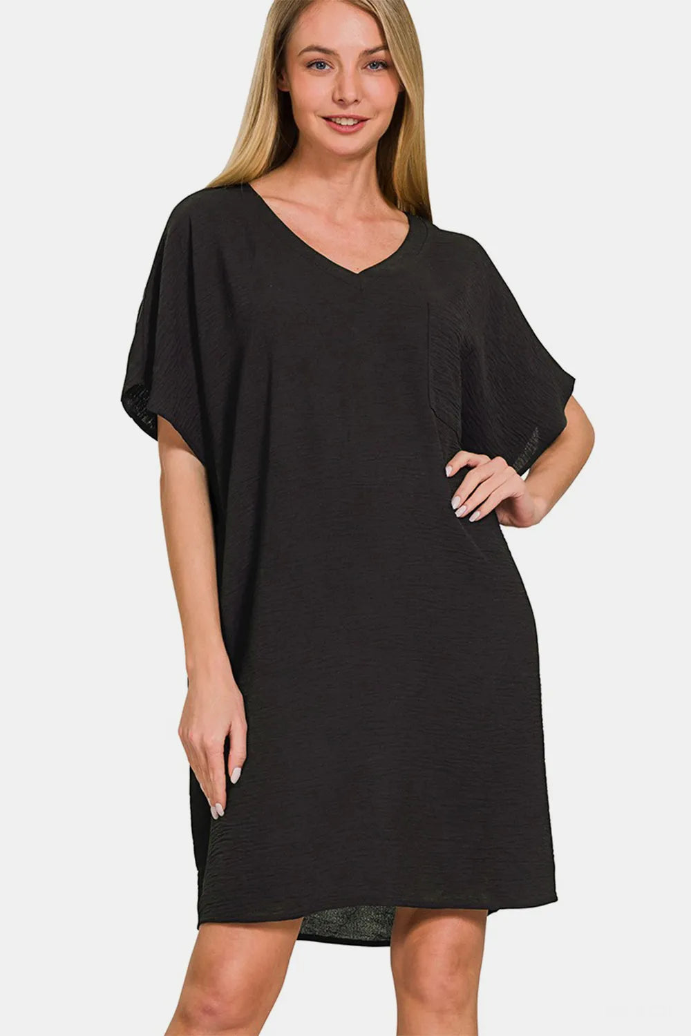 Zenana V-Neck Tee Dress with Pockets Black
