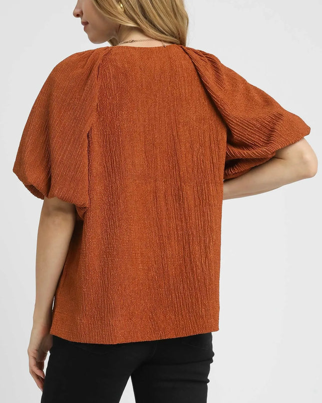 Umgee Textured Flutter Sleeve Notch Neck Top