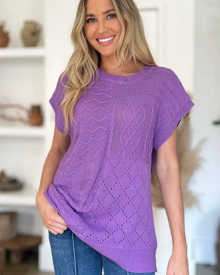 Double Take Full Size Cable-Knit Round Neck Cap Sleeve Sweater