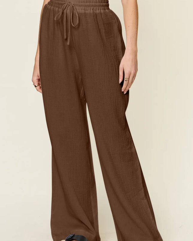 Double Take Full Size Texture Drawstring Wide Leg Pants