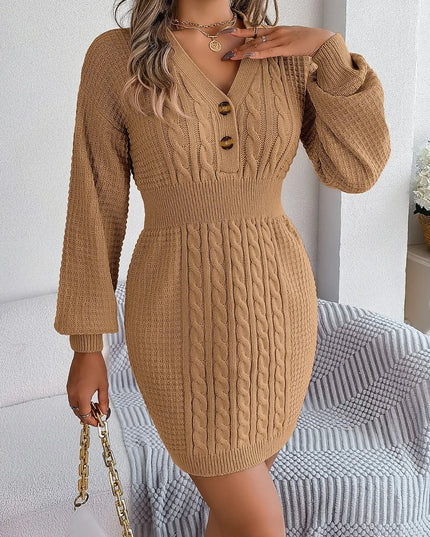 Buttoned Cable-Knit V-Neck Sweater Dress Khaki