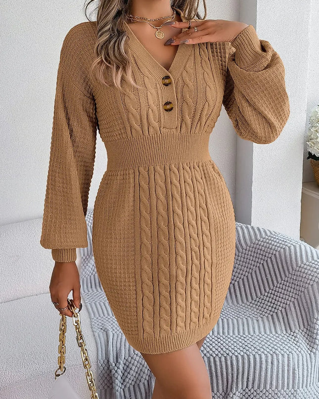 Buttoned Cable-Knit V-Neck Sweater Dress Khaki