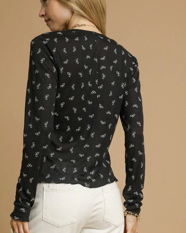 Umgee Bow Print Lightweight Knit Top