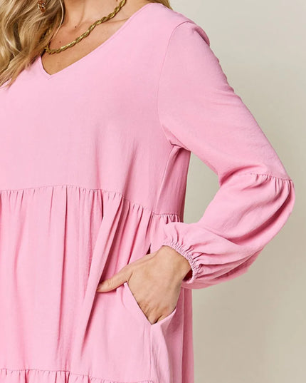 Double Take Full Size V-Neck Balloon Sleeve Tiered Dress with Pockets