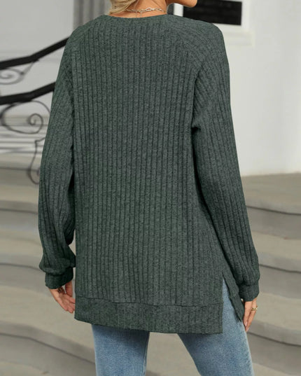 Ribbed Round Neck Long Sleeve T-Shirt