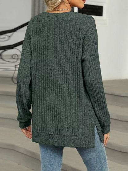 Ribbed Round Neck Long Sleeve T-Shirt