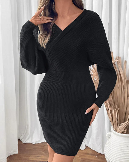 Perfee Surplice Long Sleeve Sweater Dress Black