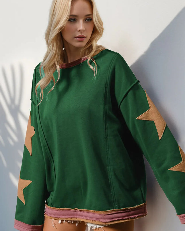 Double Take Star Patched Long Sleeve Sweatshirt Dark Green