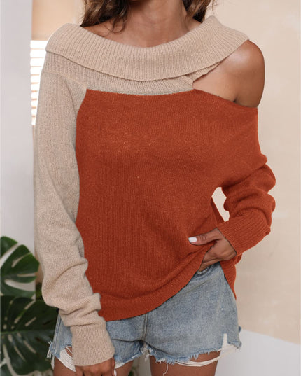 Asymmetrical Long Sleeve Two-Tone Cutout Sweater