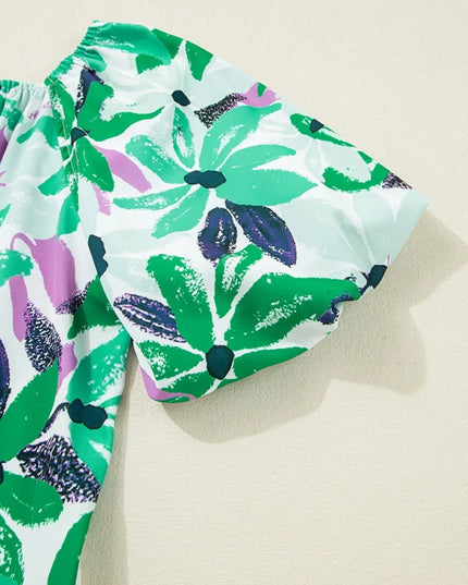 Floral Print Shirred Square Neck Loose Fit Mini Dress