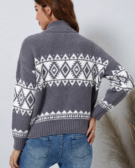Zip-Up Geometrical Pattern Pullover Sweater
