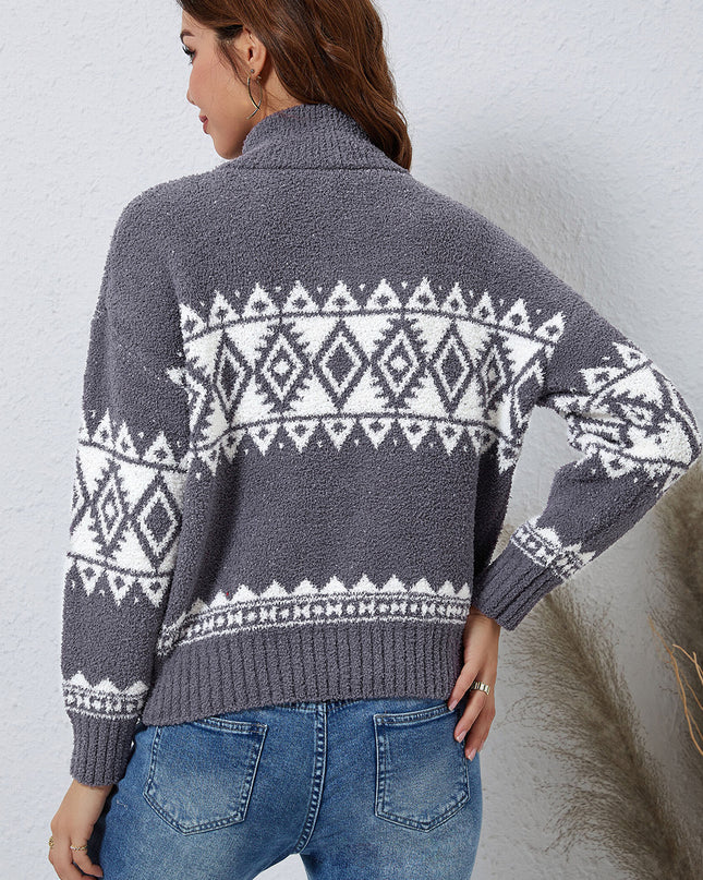 Zip-Up Geometrical Pattern Pullover Sweater