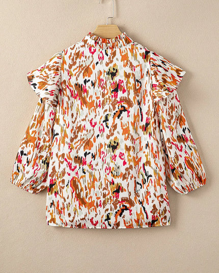 Abstract Print 3/4 Sleeve Ruffle Blouse