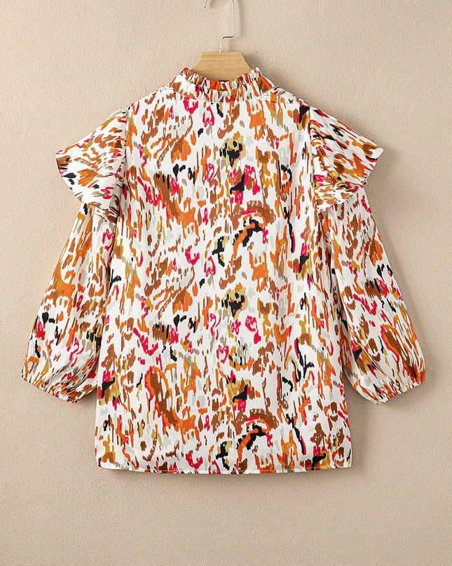 Abstract Print 3/4 Sleeve Ruffle Blouse