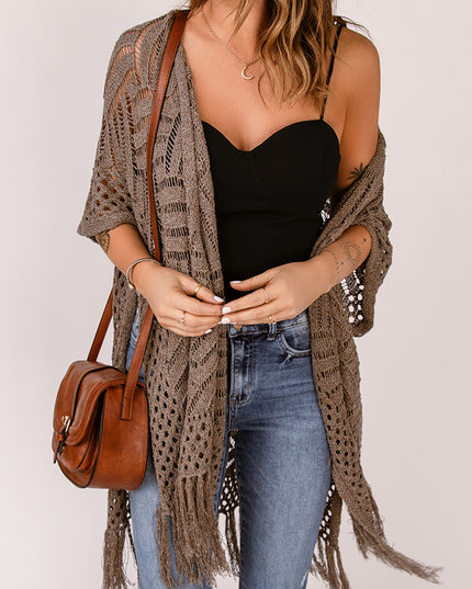 Fringe Hem Slit Open Front Cardigan Mocha One Size