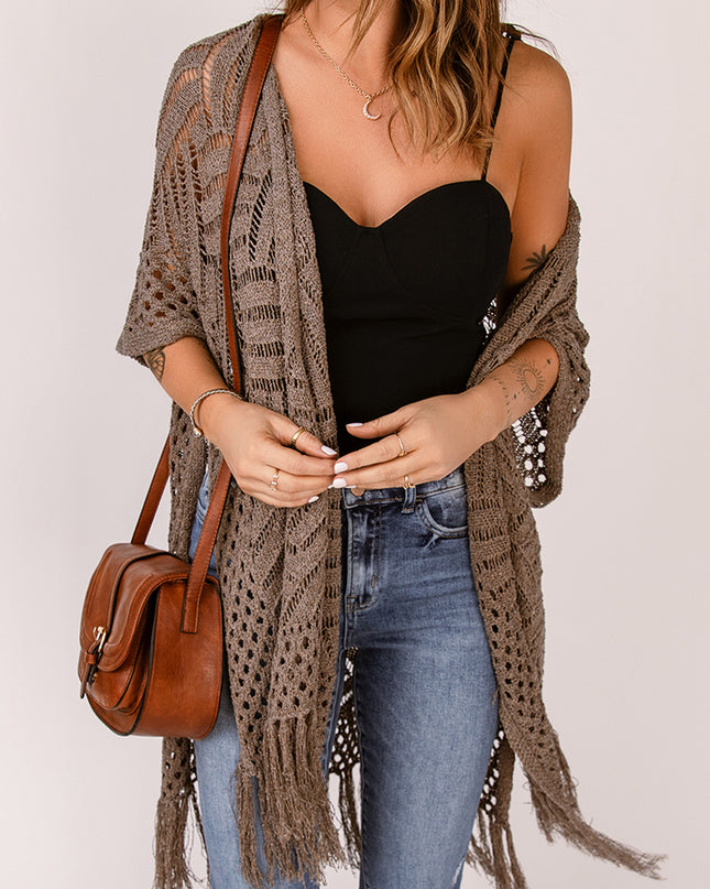 Fringe Hem Slit Open Front Cardigan Mocha One Size