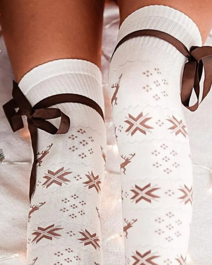 Christmas Element Bowknot Ribbed Trim Over Knee Stockings