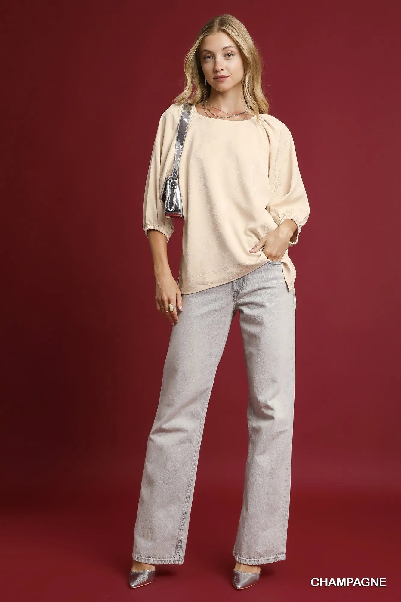 Umgee Side Slit 3/4 Sleeve Blouse