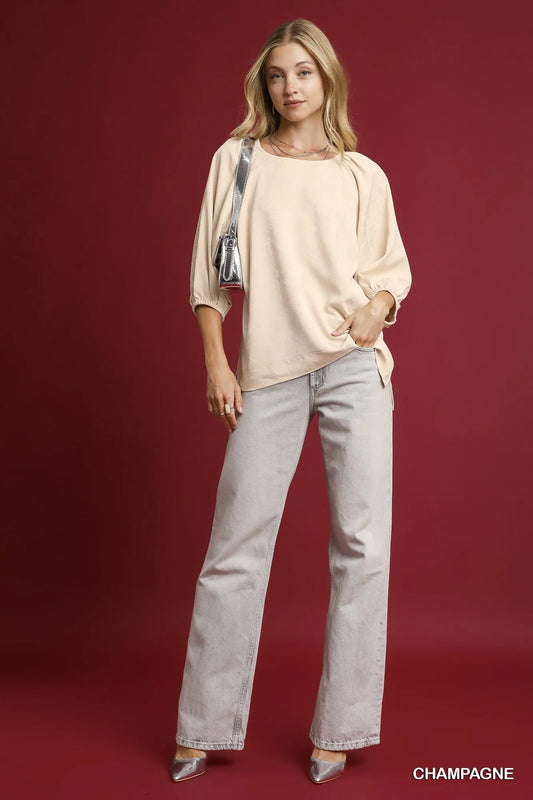 Umgee Side Slit 3/4 Sleeve Blouse