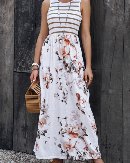 Striped Floral Round Neck Sleeveless Maxi Dress Floral