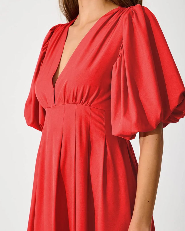 V-Neck Puff Sleeve Midi Dress Red