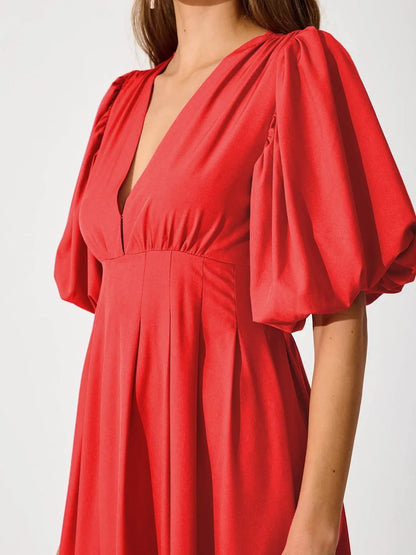 V-Neck Puff Sleeve Midi Dress Red
