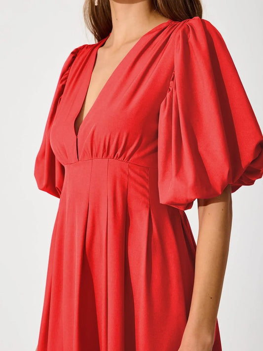 V-Neck Puff Sleeve Midi Dress Red