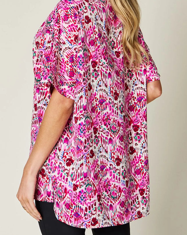 Double Take Full Size Printed V-Neck Short Sleeve Blouse