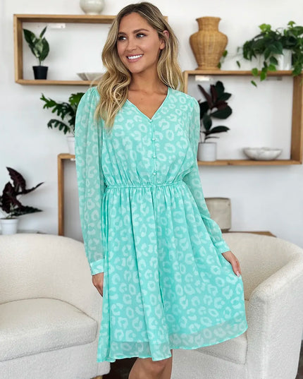 Double Take Full Size Printed Ruched V-Neck Long Sleeve Dress