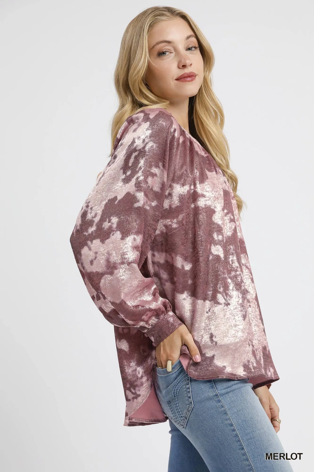 Umgee Metallic Fabric Blouse with Balloon Sleeves