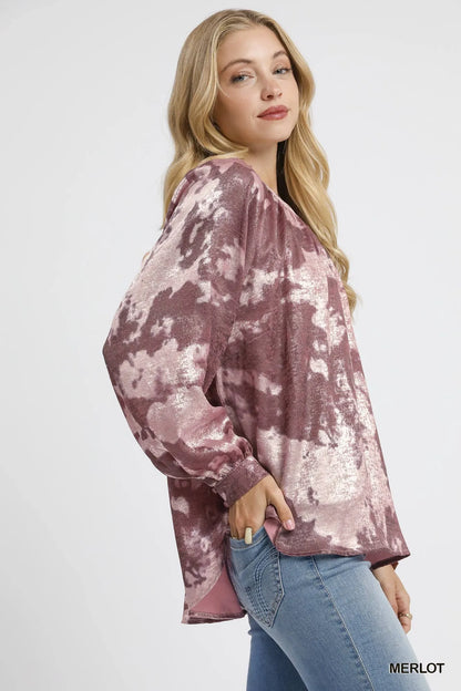 Umgee Metallic Fabric Blouse with Balloon Sleeves