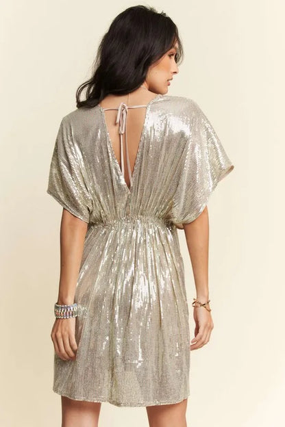 Davi & Dani Sequin Plunge Neck Knot Cut Out Tie Back Party Dress