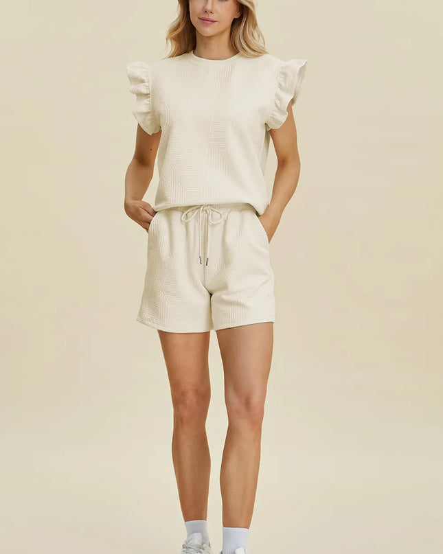 Double Take Full Size Texture Round Neck Ruffle Sleeve Top and Shorts Set