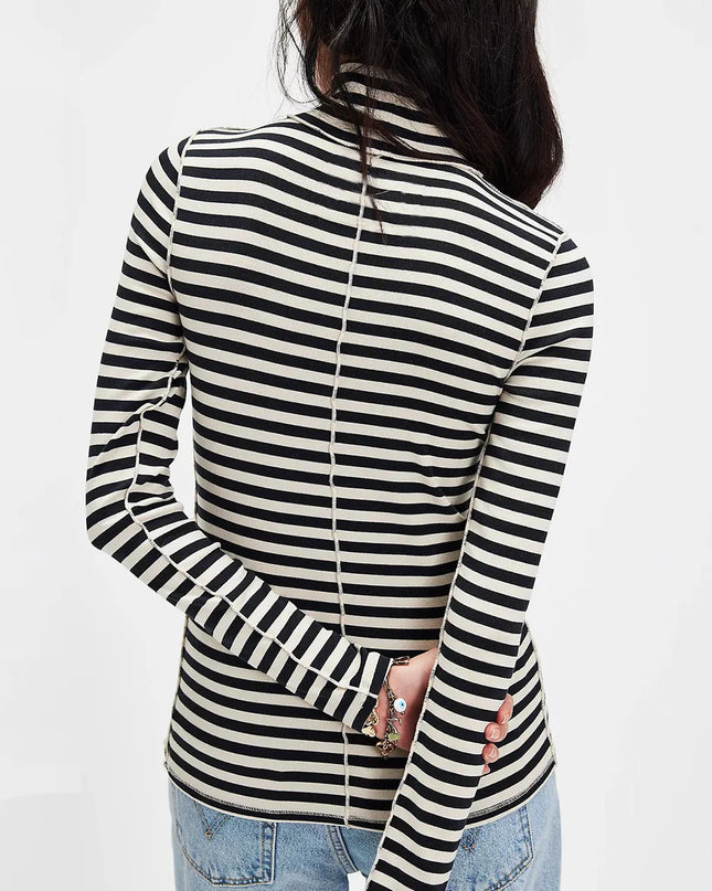 Exposed Seam Striped Turtleneck Long Sleeve T-Shirt